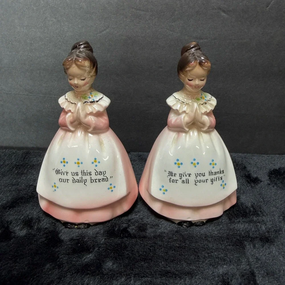 VTG Pink‎ Victorian Enesco Prayer Lady Ceramic Salt Pepper Shakers Mid Century